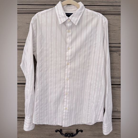 French Connection White Striped Dress Shirt Button Down Blue Pink Pinstripe - Picture 1 of 8